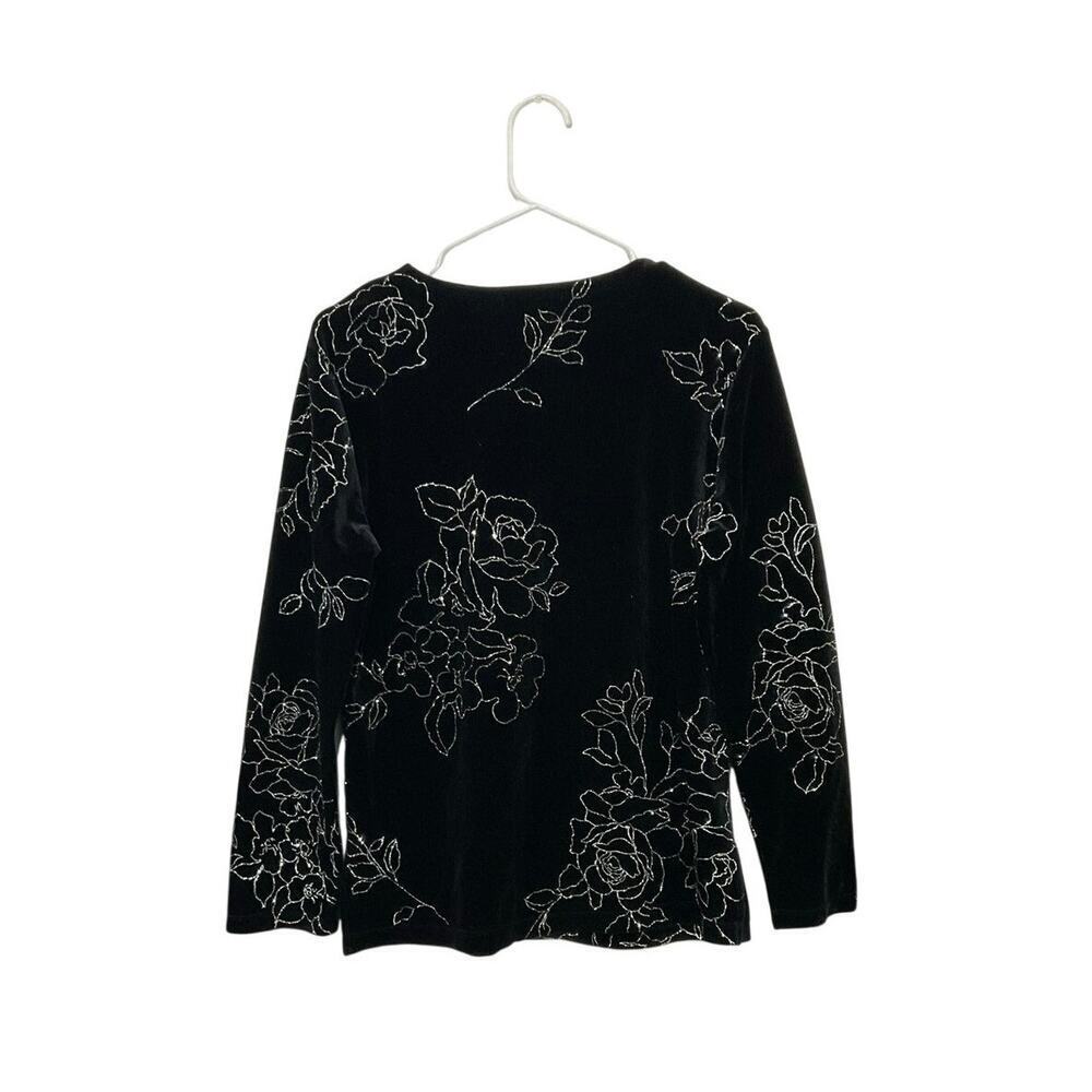 90s Style Black Velvet Floral Silver Top Allover Print Long Sleeve Small Stretch - Picture 2 of 5